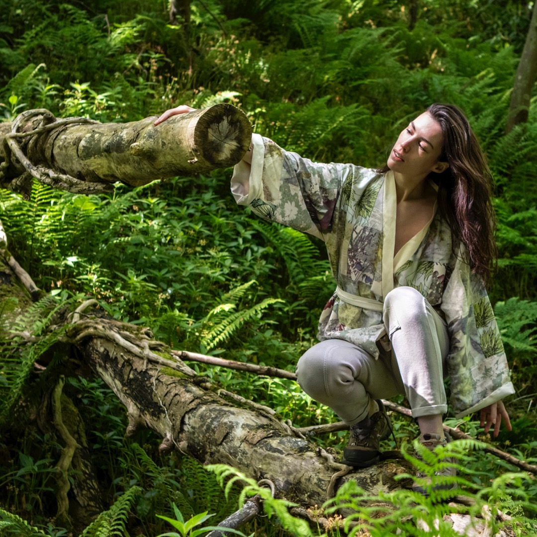 Patchworked silk kimono-style reversible jacket with combination of eco-print, digital print and reused textiles